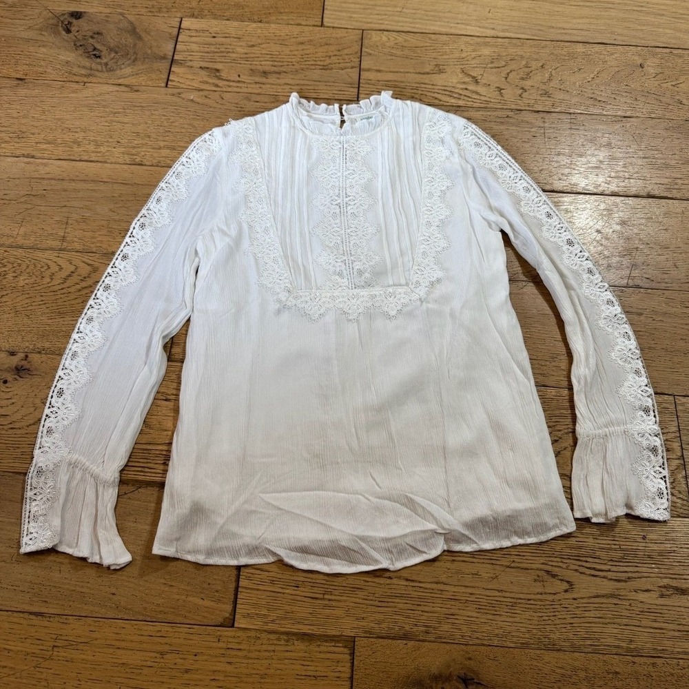 Sundance‎ White Lace Trim Boho Peasant Blouse Women's Size S Long Sleeve (781)